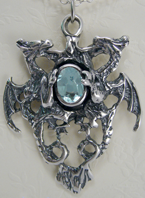 Sterling Silver Dragon Crest Pendant With Blue Topaz